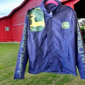 John Deere Full Zip Jacket Blue Windbreaker LOGOS Front & Back & Sleeves